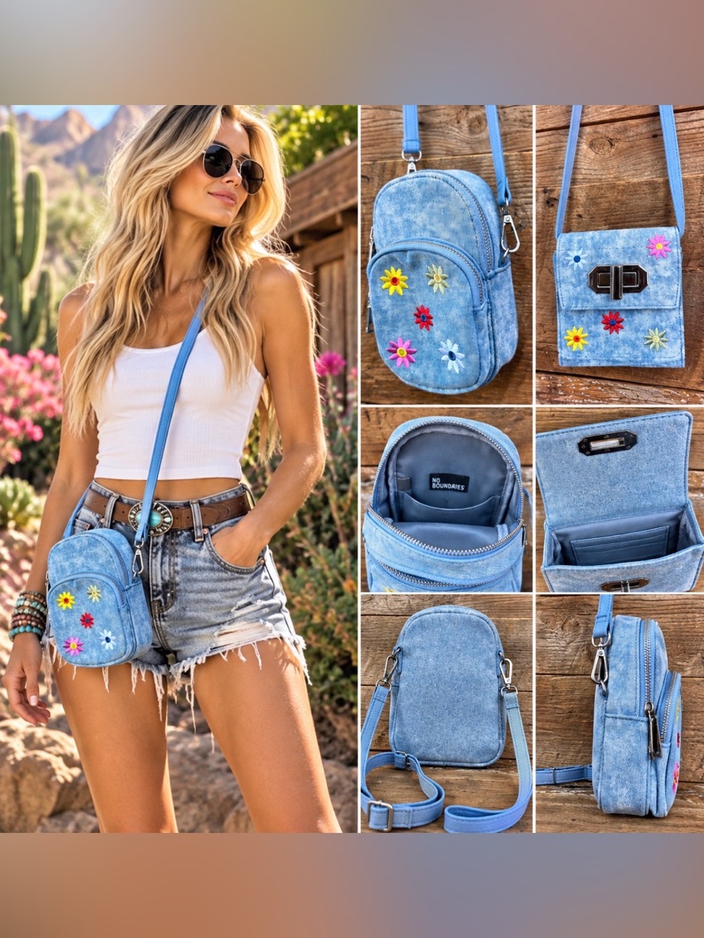 🌼 No Boundaries Denim Mini Backpack & Crossbody Bag Set – Floral Embroidery NWOT